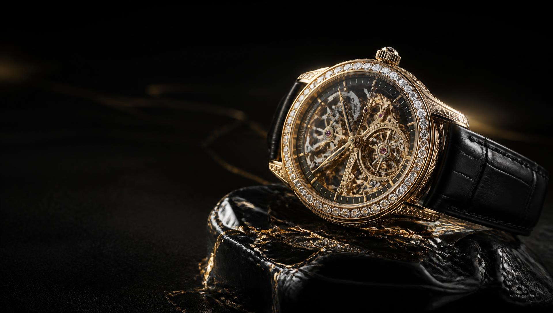 Luxury gold skeleton watch on black background